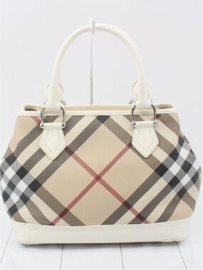 Blueberry Classic Beige Plaid Tote Bag with White Trim